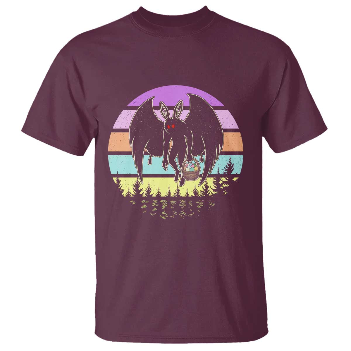 Retro Sunset Mothman Easter Egg Hunt T Shirt Cryptid Lover Gift TS12 Maroon Print Your Wear
