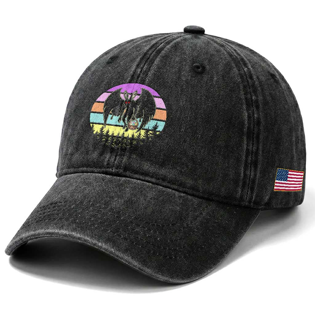 Retro Sunset Mothman Easter Egg Hunt Washed Cotton Baseball Cap Cryptid Lover Gift TS12 Print Your Wear