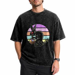 Retro Sunset Chupacabra Easter Egg Hunt Washed Cotton T-Shirt Cryptid Lover Gift