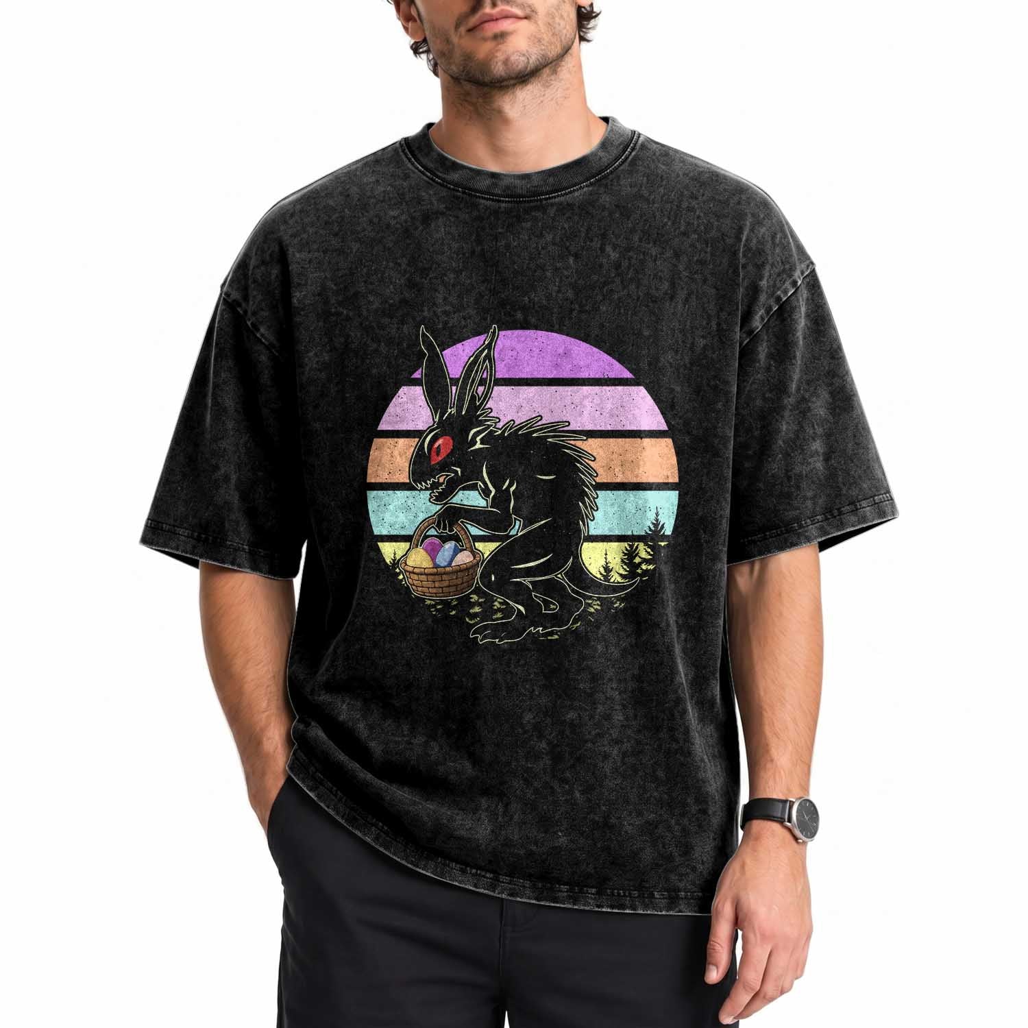 Retro Sunset Chupacabra Easter Egg Hunt Washed Cotton T-Shirt Cryptid Lover Gift
