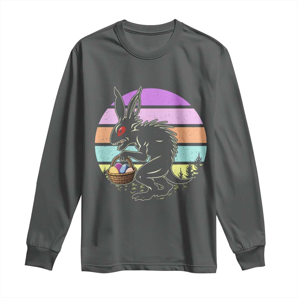Retro Sunset Chupacabra Easter Egg Hunt Long Sleeve Shirt Cryptid Lover Gift TS12 Dark Heather Print Your Wear
