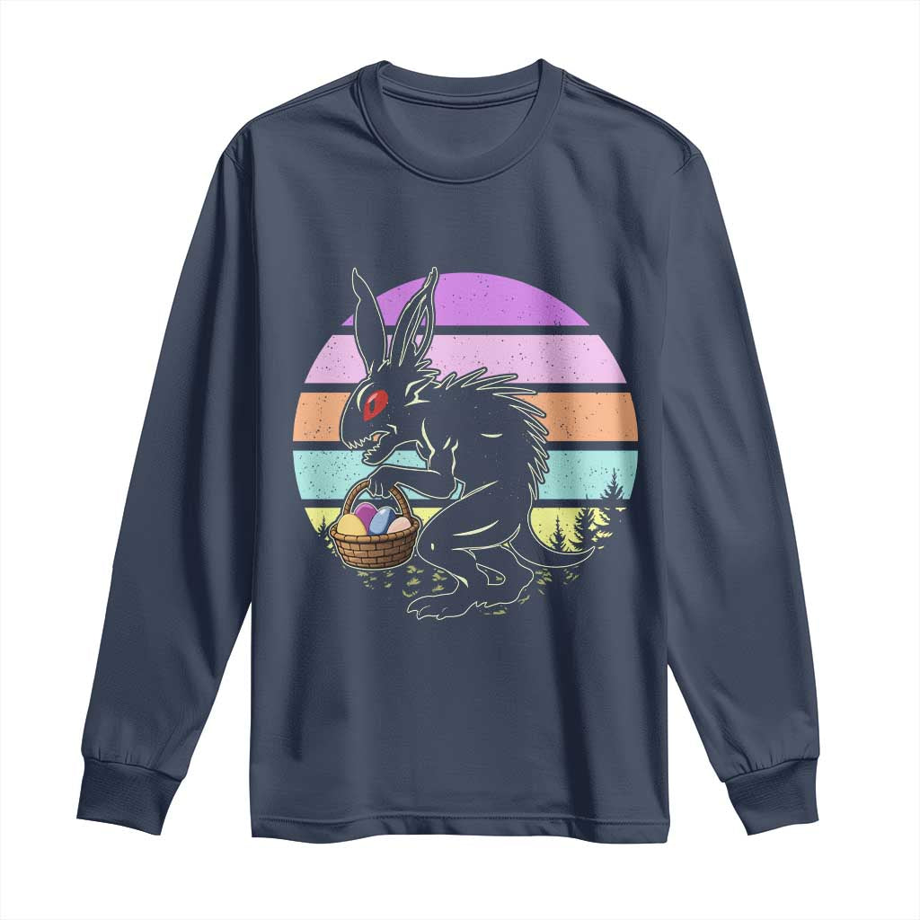Retro Sunset Chupacabra Easter Egg Hunt Long Sleeve Shirt Cryptid Lover Gift TS12 Navy Print Your Wear
