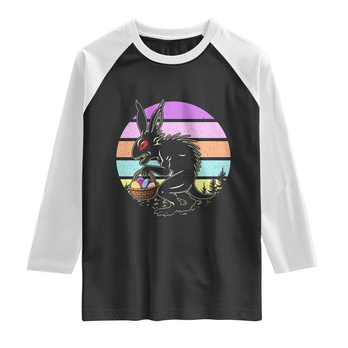 Retro Sunset Chupacabra Easter Egg Hunt Raglan Shirt Cryptid Lover Gift TS12 Black White Print Your Wear