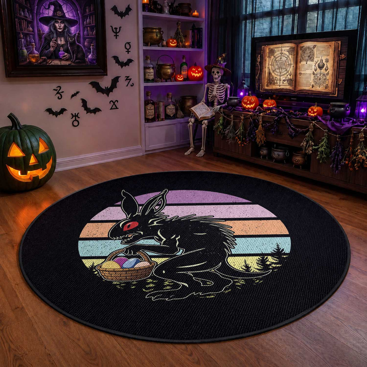 Retro Sunset Chupacabra Easter Egg Hunt Round Rug Cryptid Lover Gift