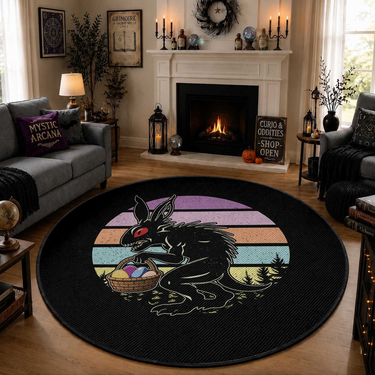 Retro Sunset Chupacabra Easter Egg Hunt Round Rug Cryptid Lover Gift