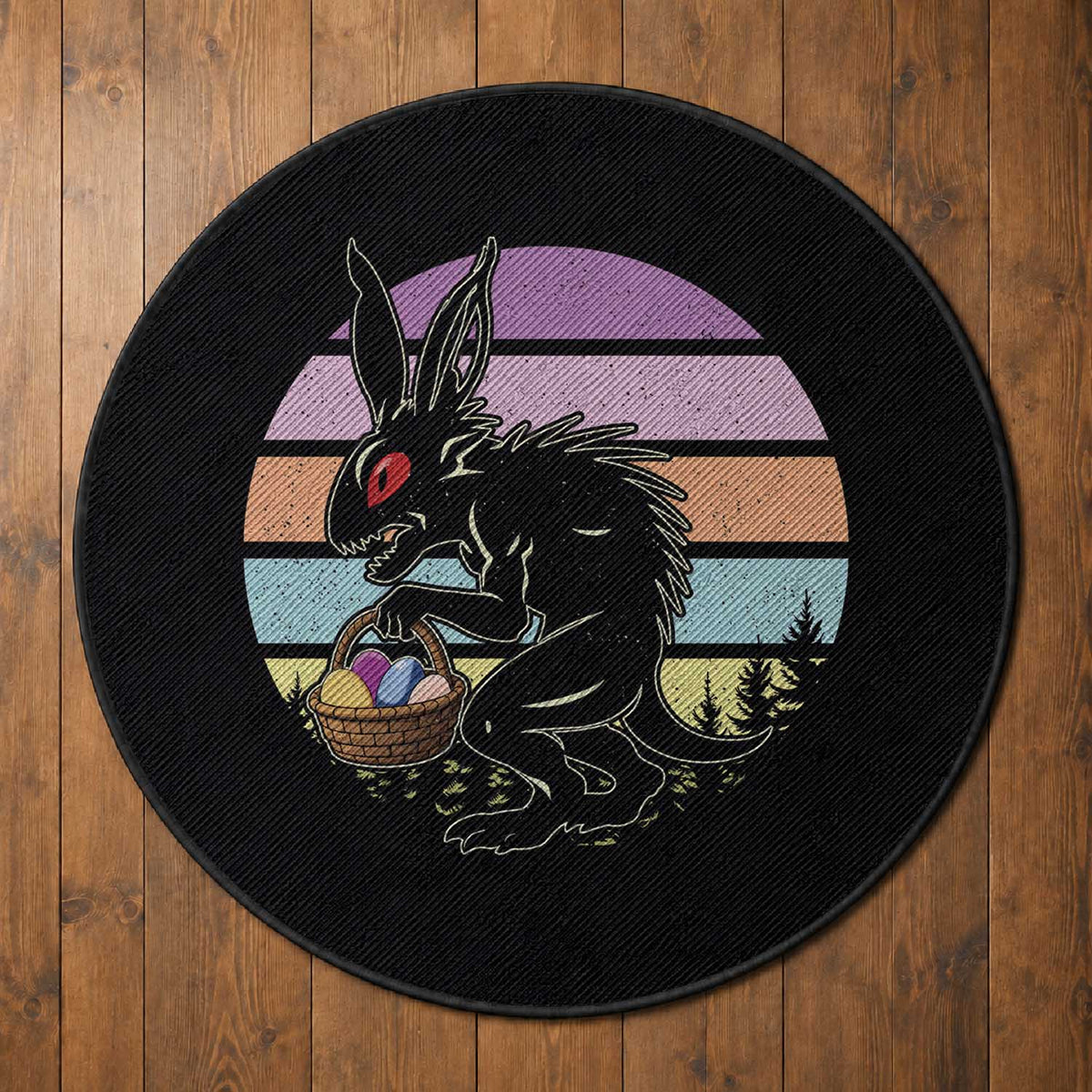 Retro Sunset Chupacabra Easter Egg Hunt Round Rug Cryptid Lover Gift