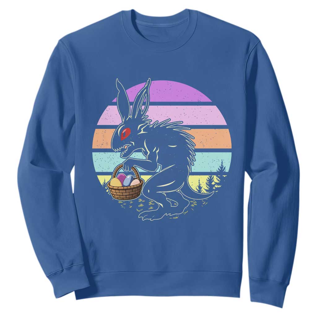 Retro Sunset Chupacabra Easter Egg Hunt Sweatshirt Cryptid Lover Gift TS12 Royal Blue Print Your Wear