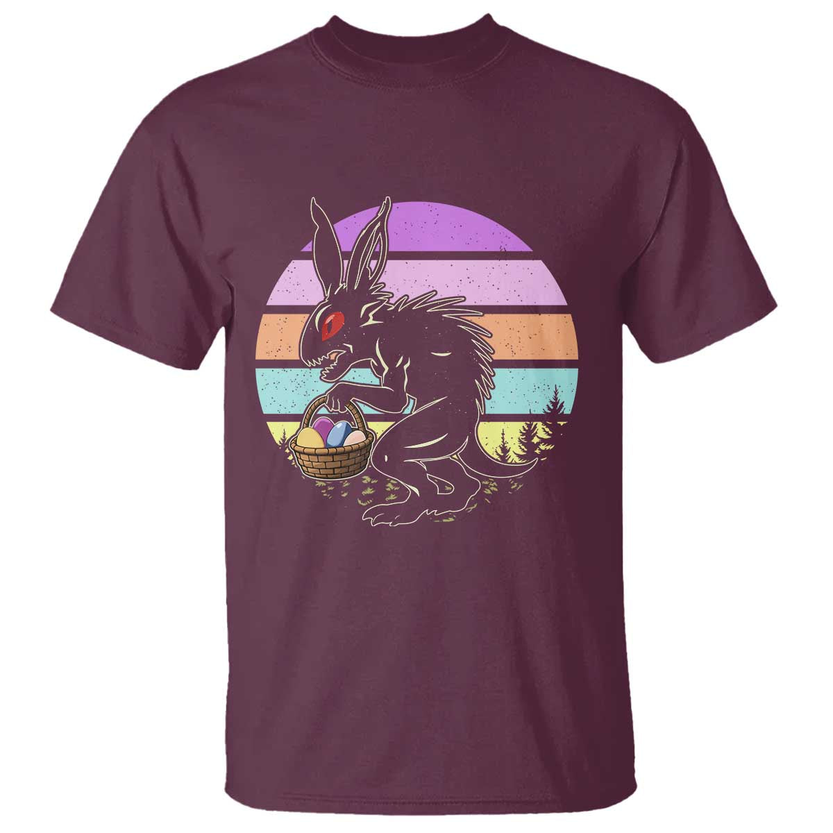 Retro Sunset Chupacabra Easter Egg Hunt T Shirt Cryptid Lover Gift TS12 Maroon Print Your Wear