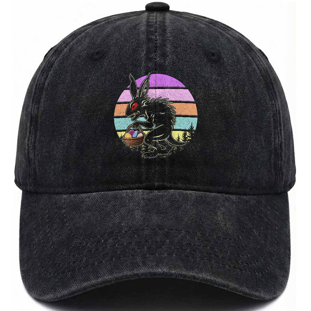 Retro Sunset Chupacabra Easter Egg Hunt Washed Cotton Baseball Cap Cryptid Lover Gift TS12 Washed Cap Universal Fit Black Print Your Wear