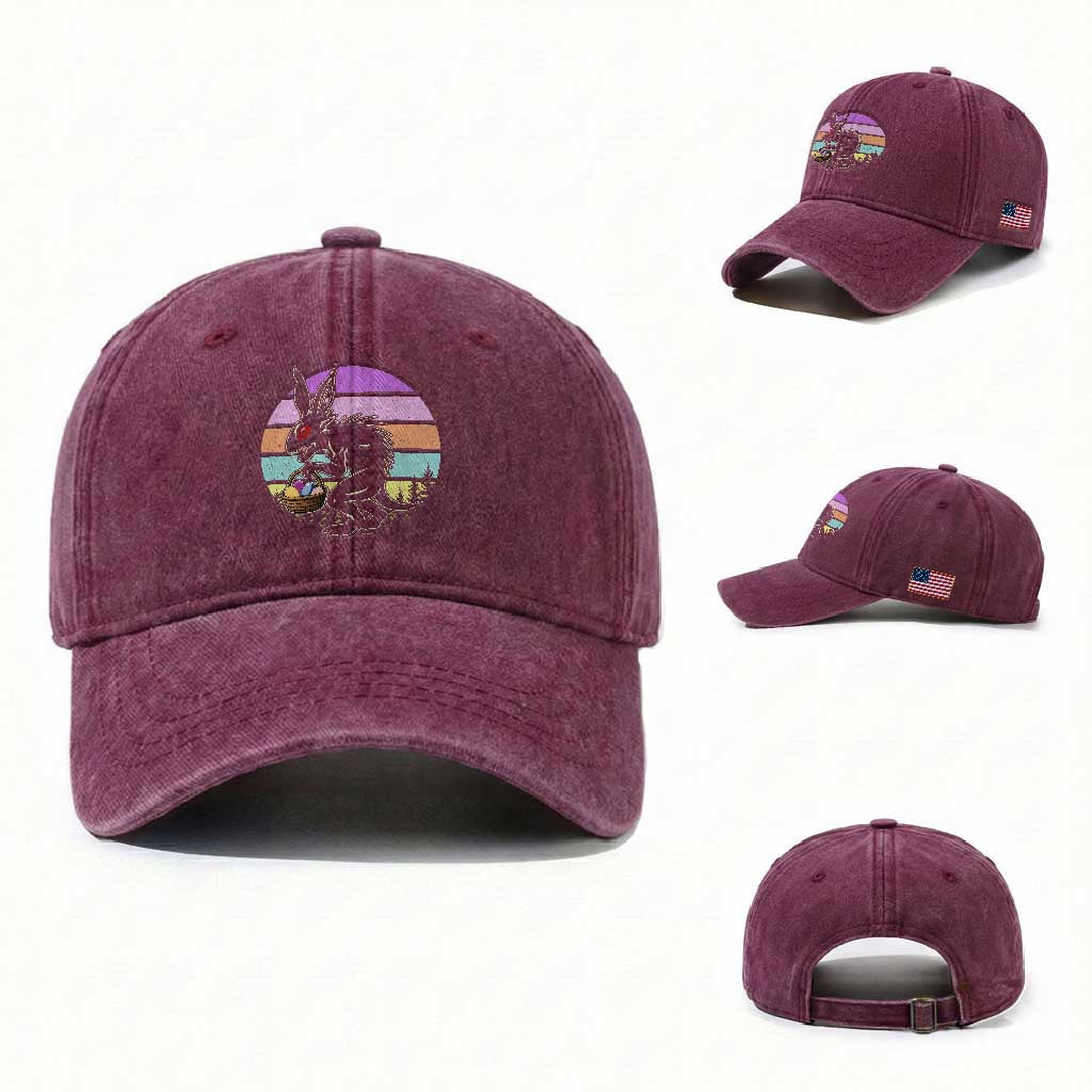 Retro Sunset Chupacabra Easter Egg Hunt Washed Cotton Baseball Cap Cryptid Lover Gift TS12 Washed Cap Universal Fit Burgundy Print Your Wear