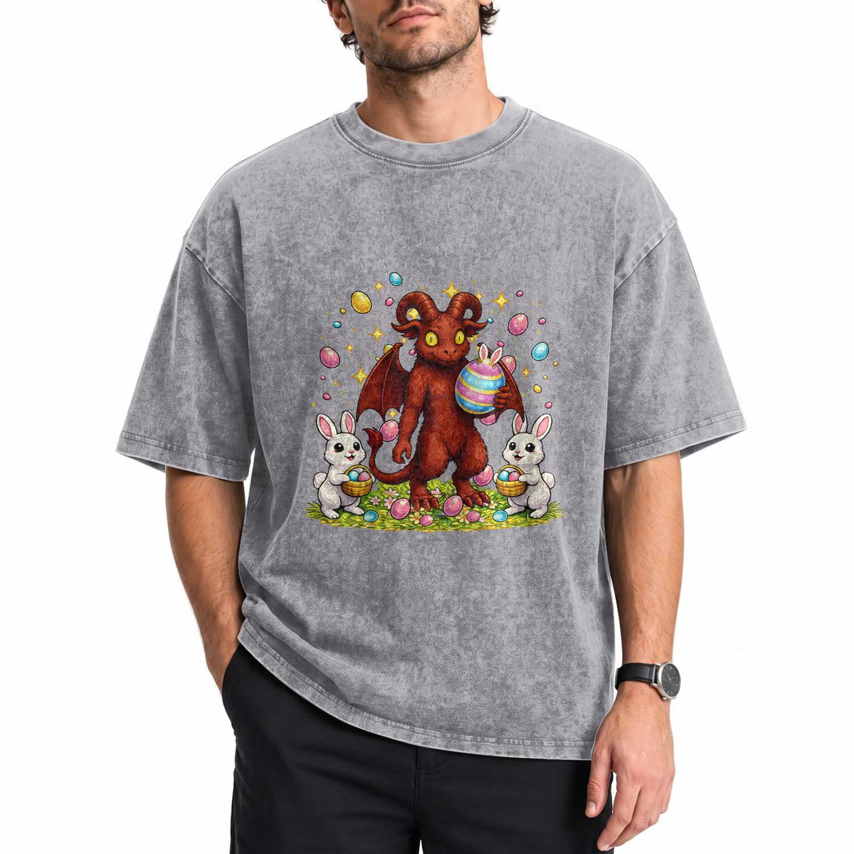 Jersey Devil Easter Egg Hunt Washed Cotton T-Shirt Funny Pine Barrens Folklore Gift
