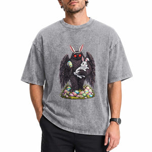 Funny Mothman Bunny Ears Washed Cotton T-Shirt Point Pleasant Cryptid Lover Gift