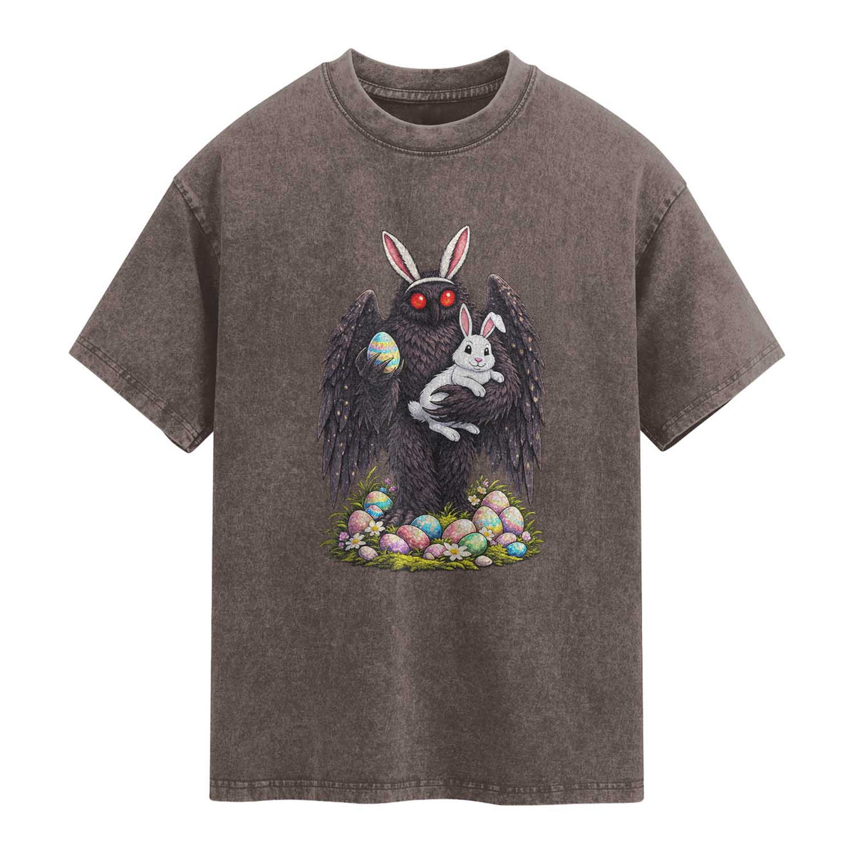 Funny Mothman Bunny Ears Washed Cotton T-Shirt Point Pleasant Cryptid Lover Gift