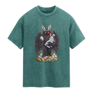 Funny Mothman Bunny Ears Washed Cotton T-Shirt Point Pleasant Cryptid Lover Gift