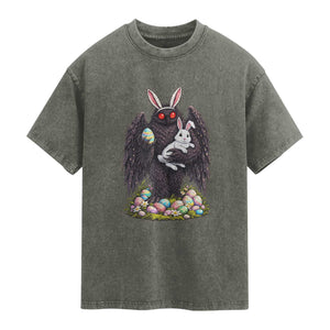 Funny Mothman Bunny Ears Washed Cotton T-Shirt Point Pleasant Cryptid Lover Gift