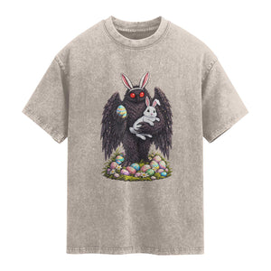 Funny Mothman Bunny Ears Washed Cotton T-Shirt Point Pleasant Cryptid Lover Gift