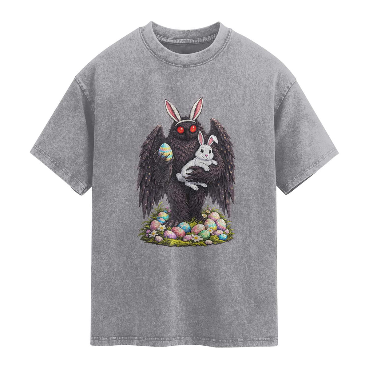 Funny Mothman Bunny Ears Washed Cotton T-Shirt Point Pleasant Cryptid Lover Gift