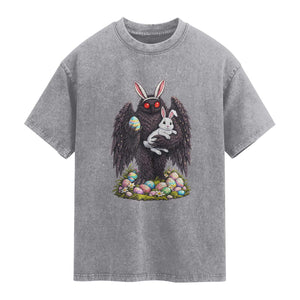 Funny Mothman Bunny Ears Washed Cotton T-Shirt Point Pleasant Cryptid Lover Gift