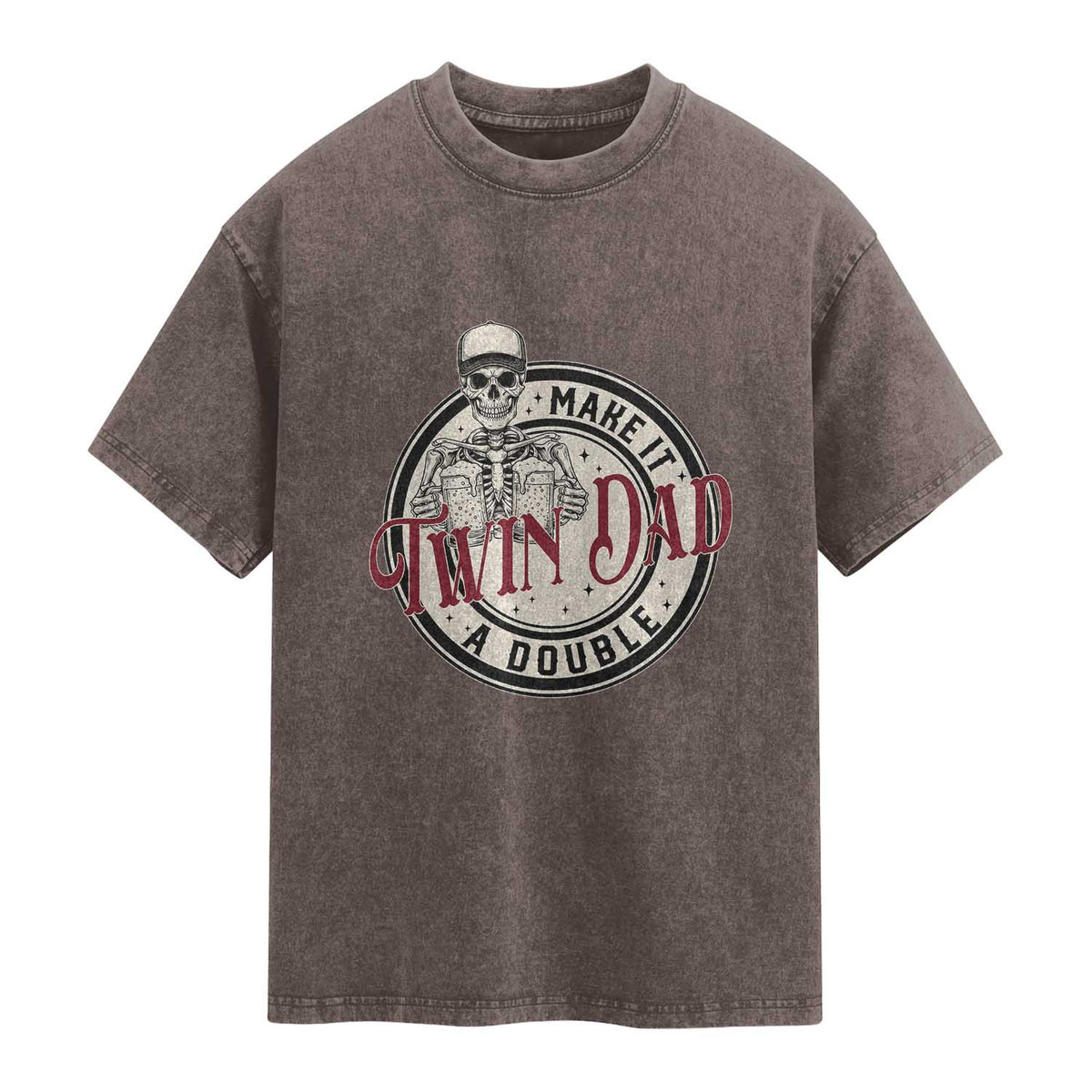 Funny Skeleton Twin Dad Make It A Double Washed Cotton T-Shirt Expecting Fathers Day Gift