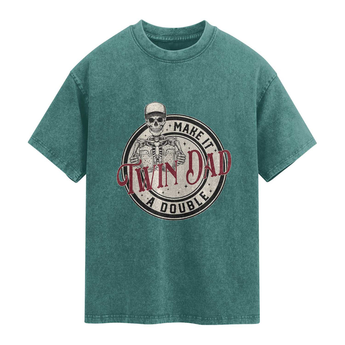Funny Skeleton Twin Dad Make It A Double Washed Cotton T-Shirt Expecting Fathers Day Gift