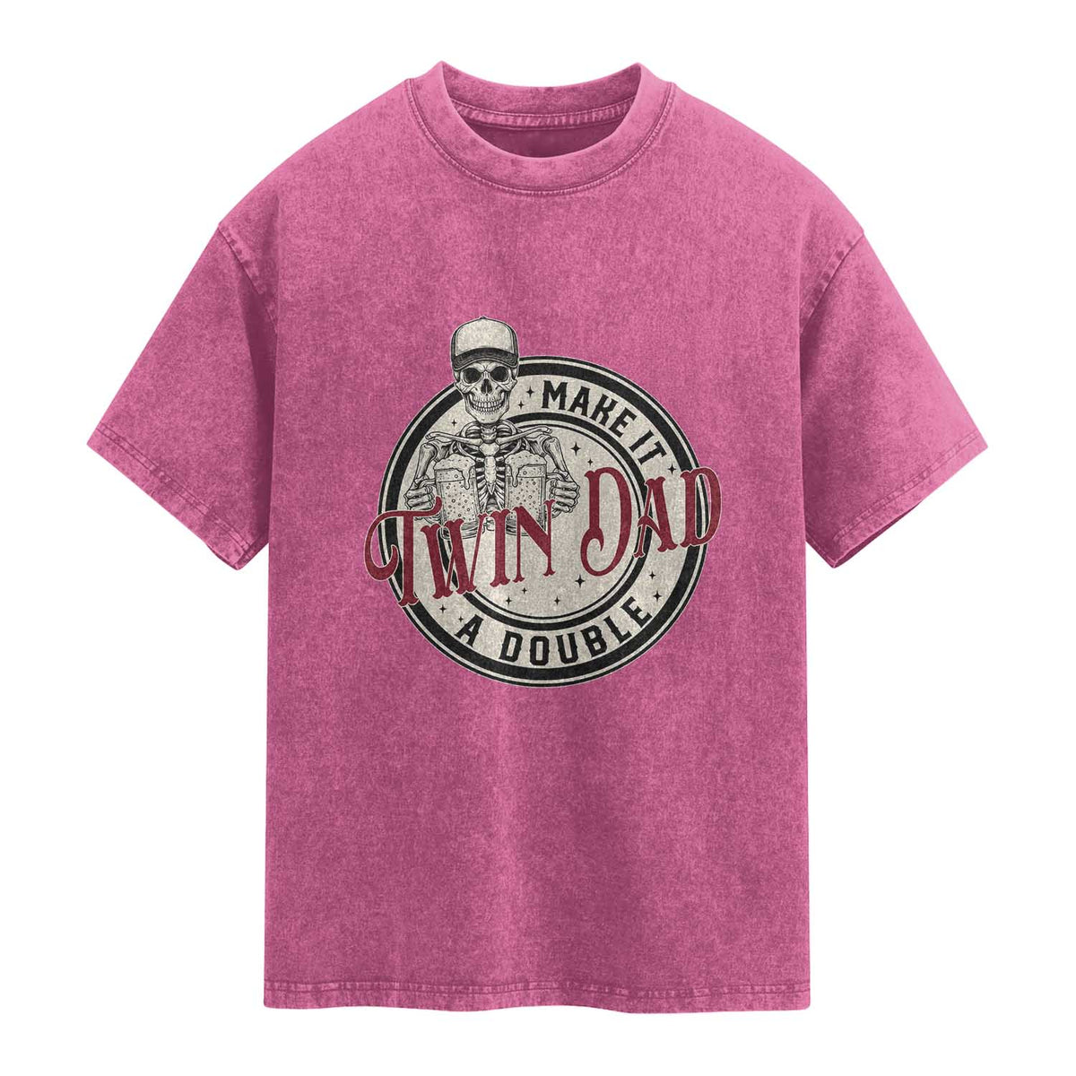 Funny Skeleton Twin Dad Make It A Double Washed Cotton T-Shirt Expecting Fathers Day Gift