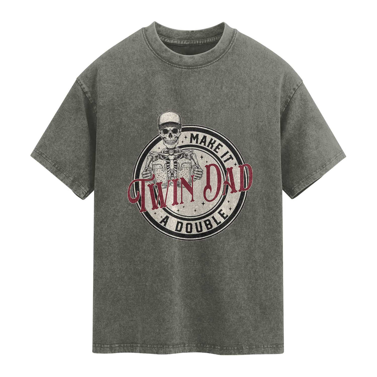Funny Skeleton Twin Dad Make It A Double Washed Cotton T-Shirt Expecting Fathers Day Gift