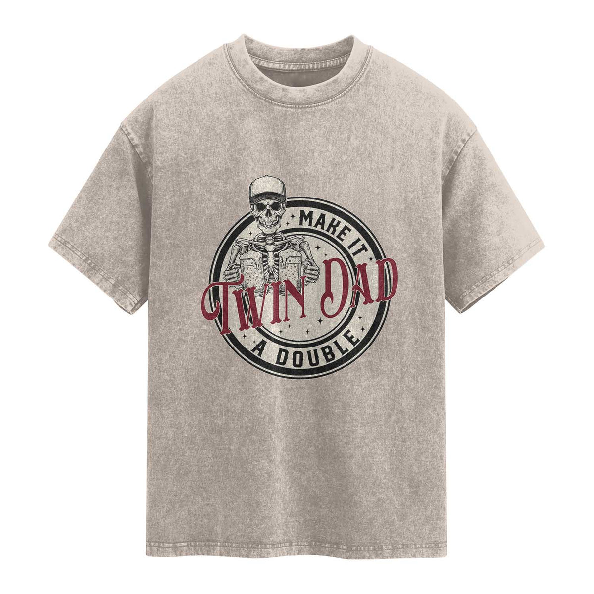 Funny Skeleton Twin Dad Make It A Double Washed Cotton T-Shirt Expecting Fathers Day Gift