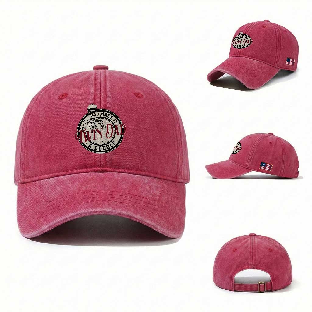 Funny Skeleton Twin Dad Make It A Double Washed Cotton Baseball Cap Expecting Fathers Day Gift TS12 Washed Cap Universal Fit Red Print Your Wear