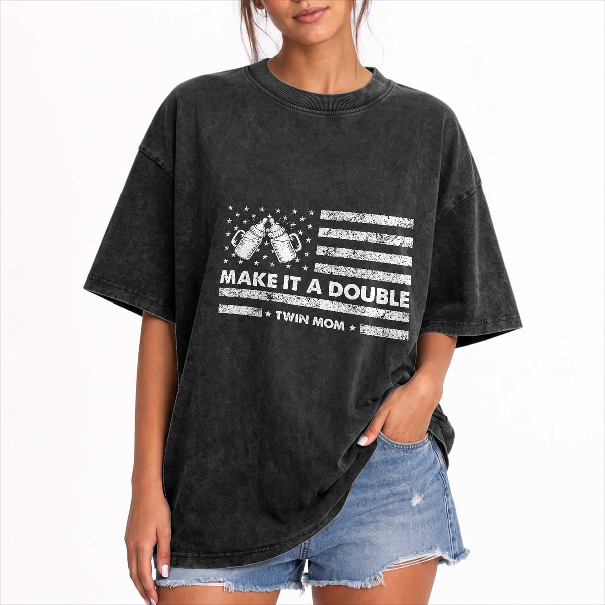 Twin Mom Washed Cotton T-Shirt Make It A Double Patriotic USA Flag Gift