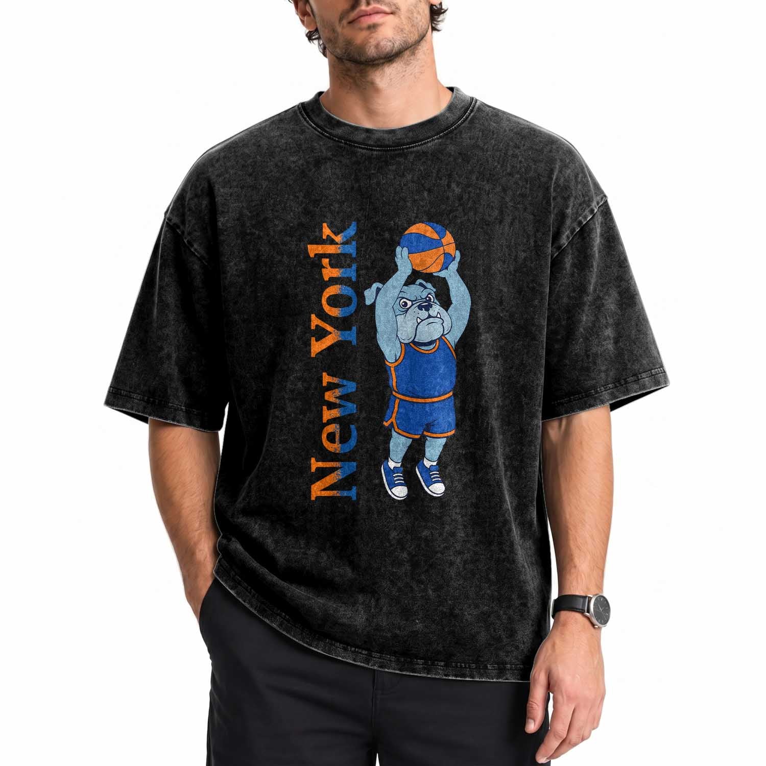 Funny Bulldog Playing Basketball Washed Cotton T-Shirt New York Pride