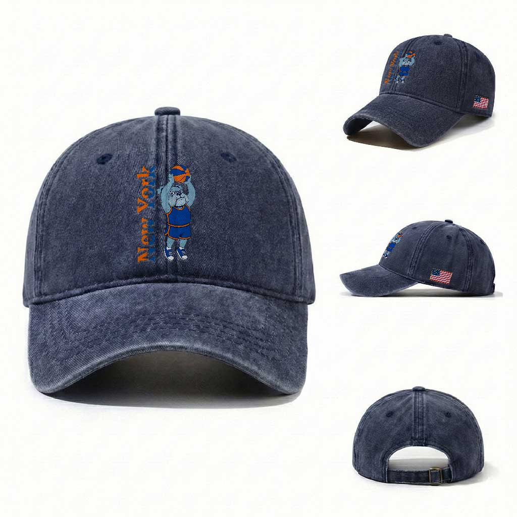 Funny Bulldog Playing Basketball Washed Cotton Baseball Cap New York Pride TS12 Washed Cap Universal Fit Navy Print Your Wear