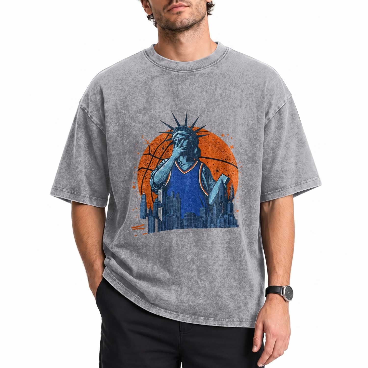 Funny Statue Of Liberty Hoops Fan Washed Cotton T-Shirt New York Sports Gift