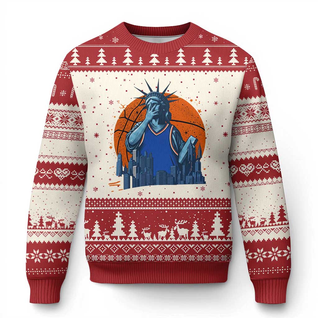 Funny Statue Of Liberty Hoops Fan Ugly Christmas Sweater New York Sports Gift TS12 Beige Red Print Your Wear