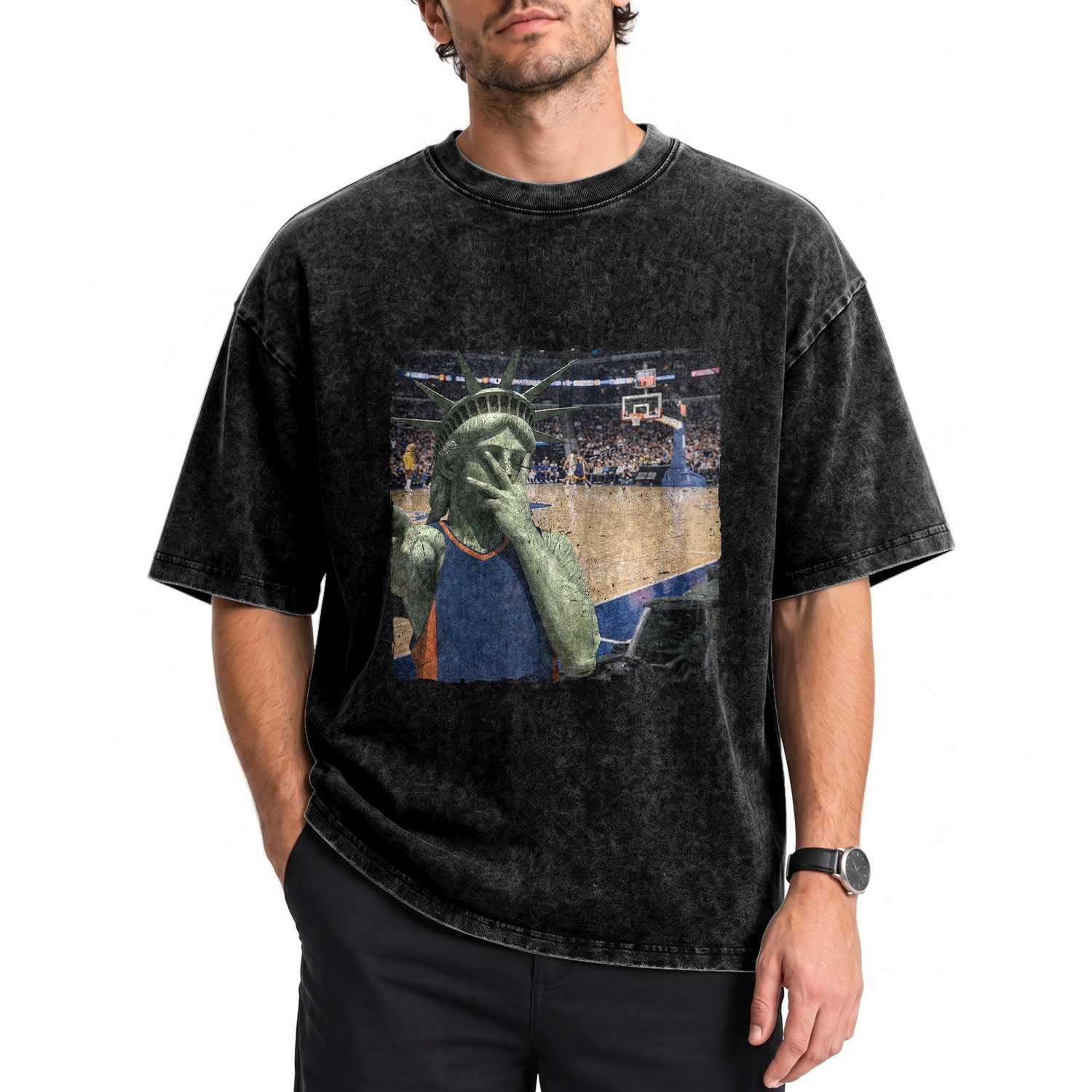 Funny Statue Of Liberty Basketball Selfie Graphic Washed Cotton T-Shirt