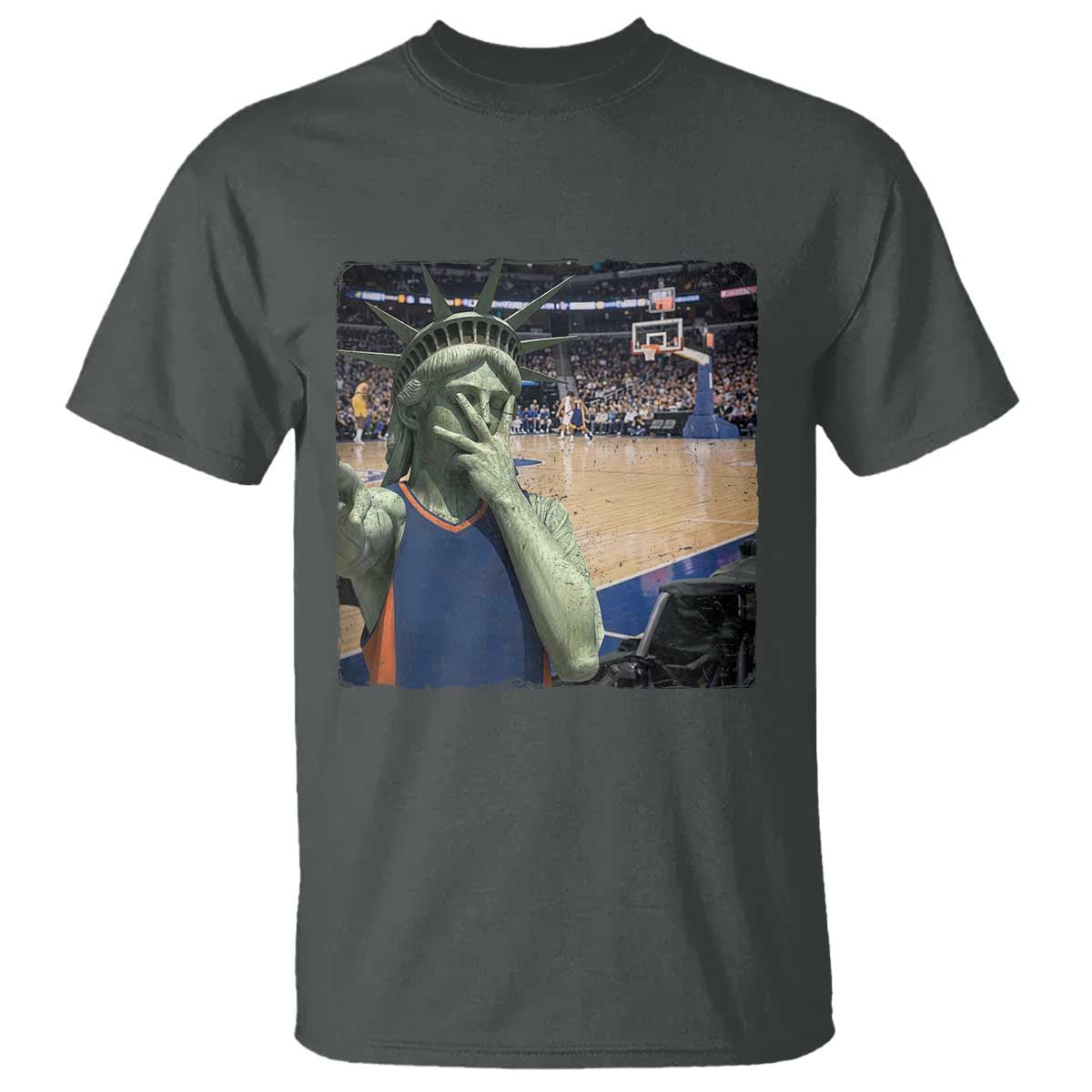 Funny Statue Of Liberty Basketball Selfie Graphic T Shirt TS12 Dark Heather Print Your Wear