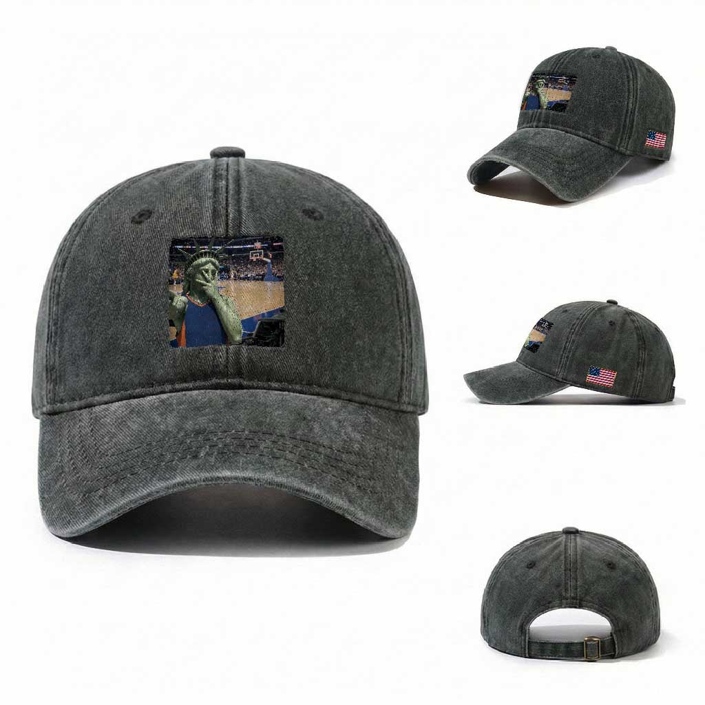 Funny Statue Of Liberty Basketball Selfie Graphic Washed Cotton Baseball Cap TS12 Washed Cap Universal Fit Dark Green Print Your Wear