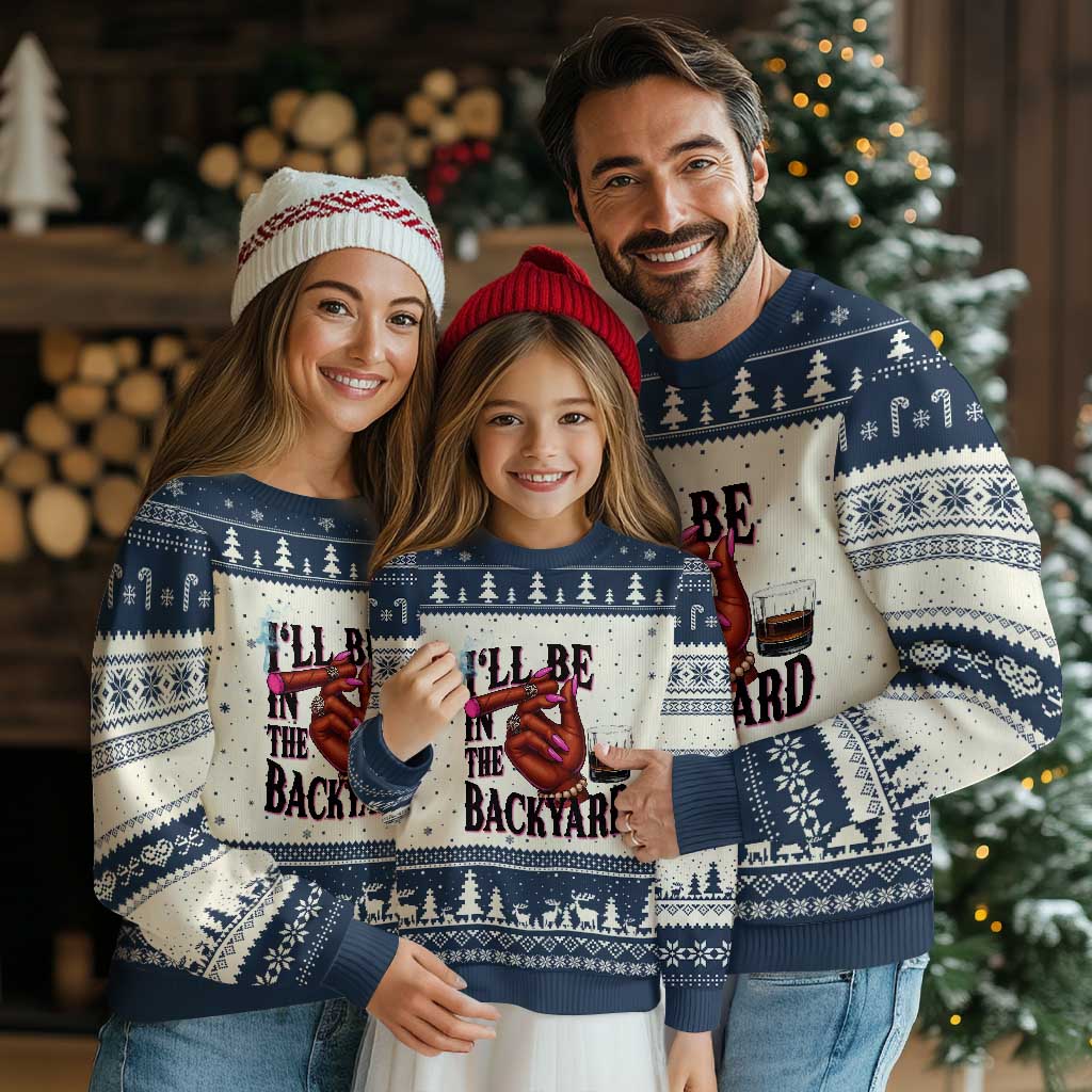 Bourbon And Cigar Lover Ugly Christmas Sweater I Will Be In The Backyard TS12 Beige Navy Print Your Wear