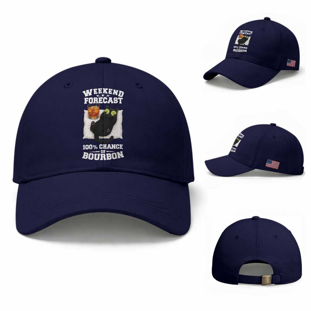 Funny Cat Drinking Baseball Cap Weekend Forecast 100% Chance Of Bourbon TS12 Baseball Cap Universal Fit Dark Blue Print Your Wear