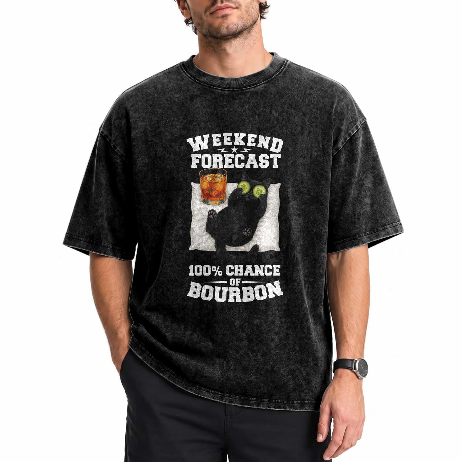 Funny Cat Drinking Washed Cotton T-Shirt Weekend Forecast 100% Chance Of Bourbon