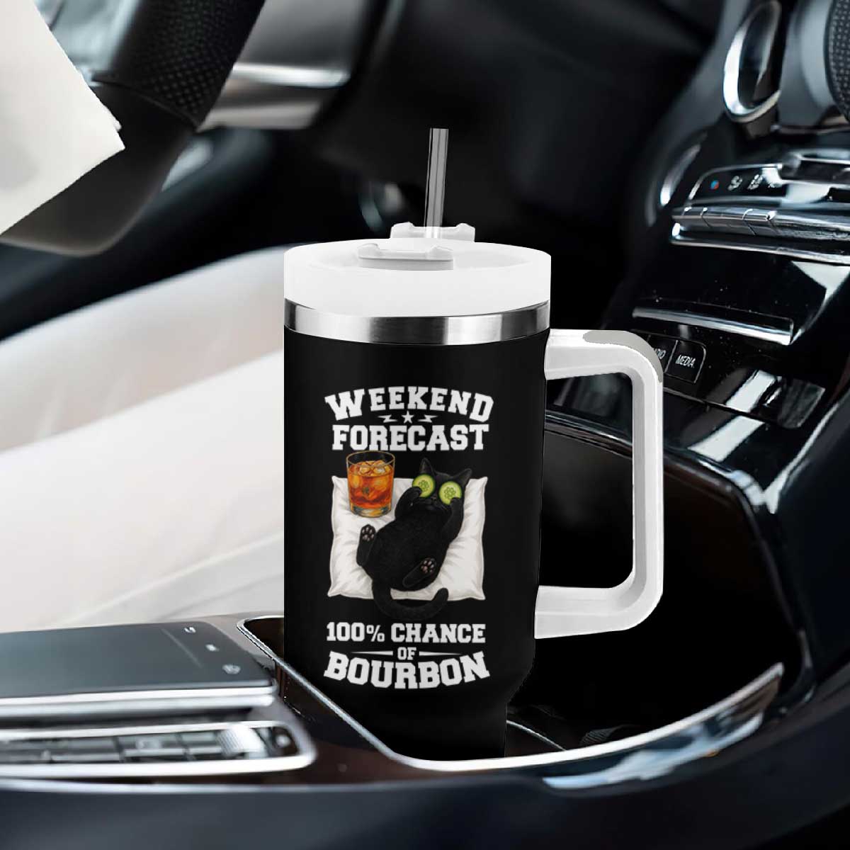 Funny Cat Drinking Tumbler With Handle Weekend Forecast 100% Chance Of Bourbon TS12 Print Your Wear
