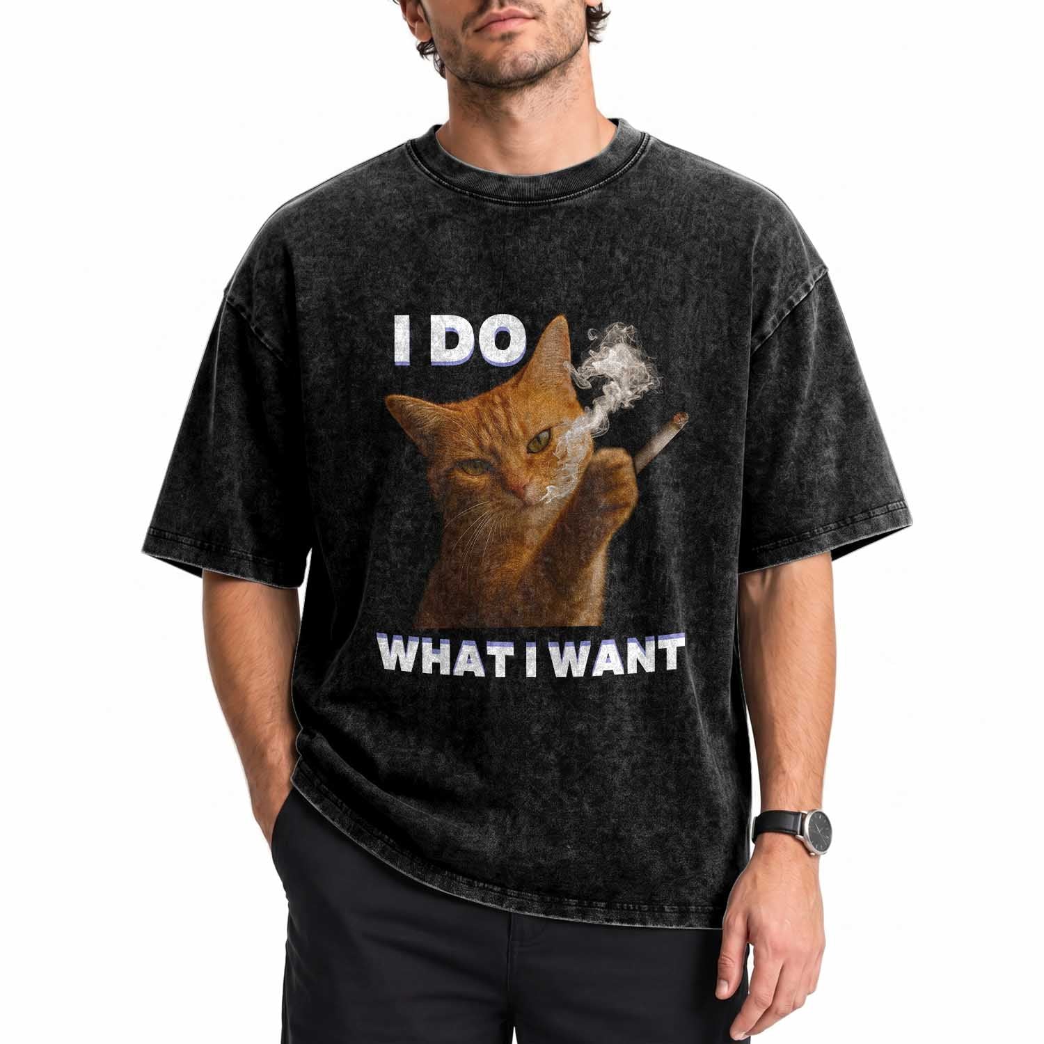 Funny Smoking Cat Washed Cotton T-Shirt I Do What I Want Sarcastic Cats Meme