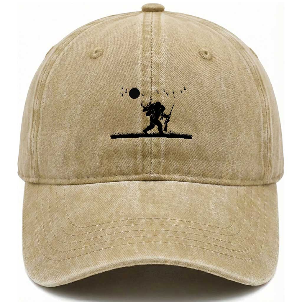 Bigfoot Hunting With Rifle Washed Cotton Baseball Cap Funny Outdoor Hunter Gift TS12 Washed Cap Universal Fit Khaki Print Your Wear