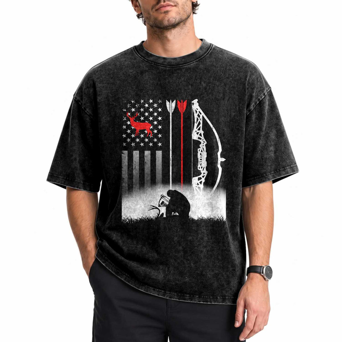 Bow Deer Hunting Washed Cotton T-Shirt American Flag Hunter Gift