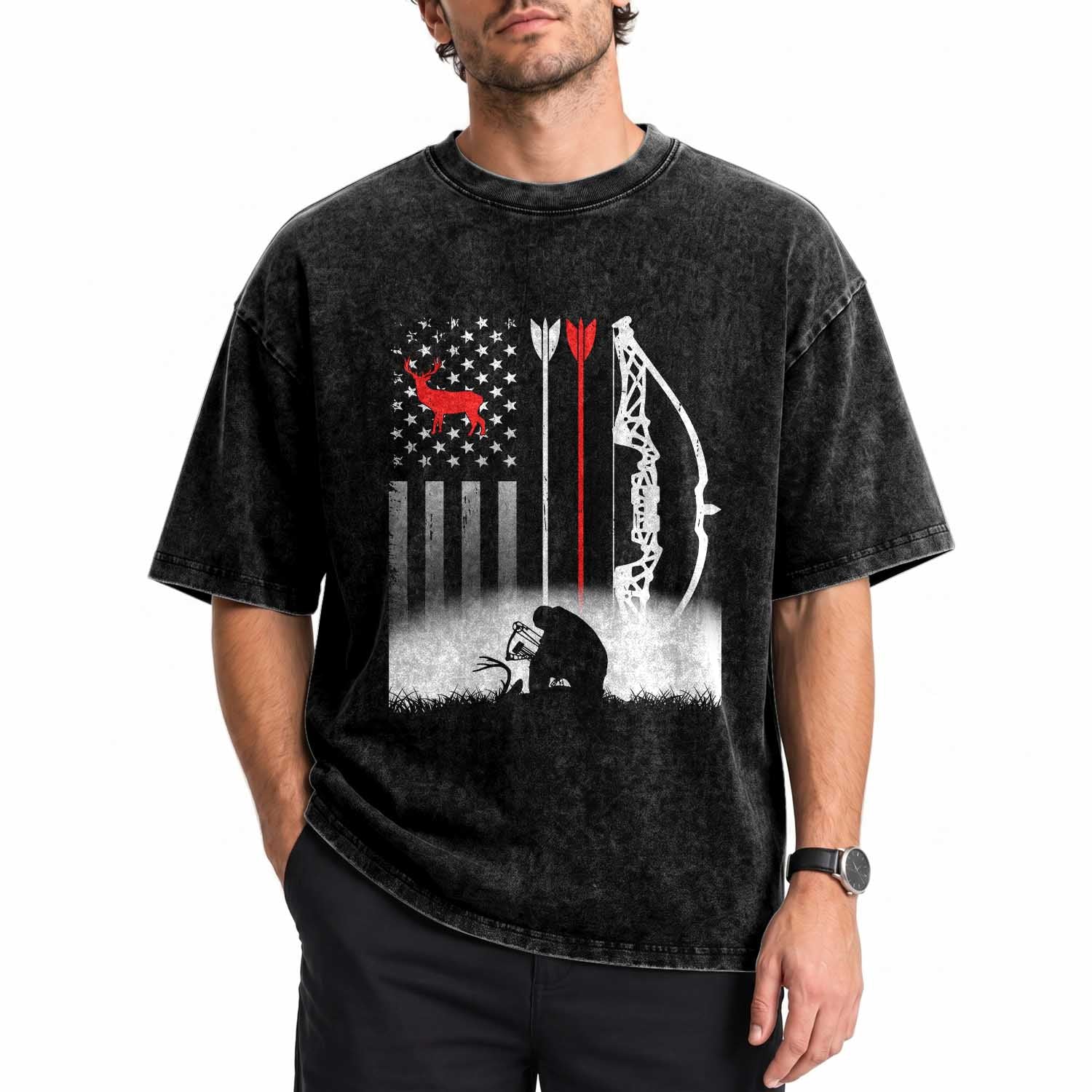 Bow Deer Hunting Washed Cotton T-Shirt American Flag Hunter Gift