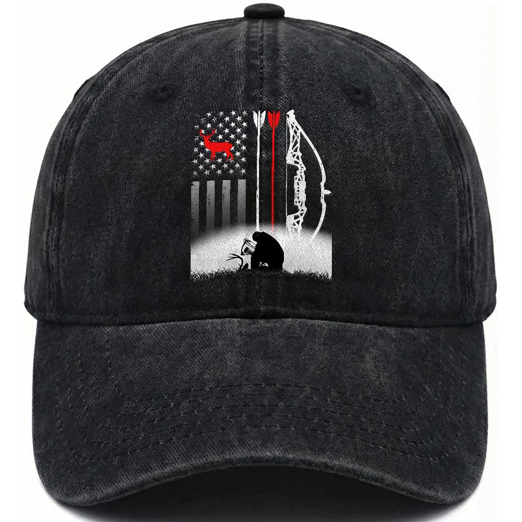 Bow Deer Hunting Washed Cotton Baseball Cap American Flag Hunter Gift TS12 Washed Cap Universal Fit Black Print Your Wear