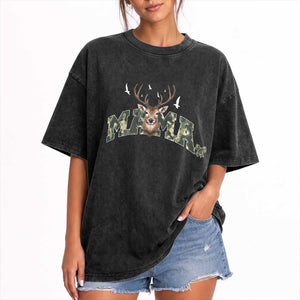 Mama Hunting Life Washed Cotton T-Shirt Deer Head Camo Gift
