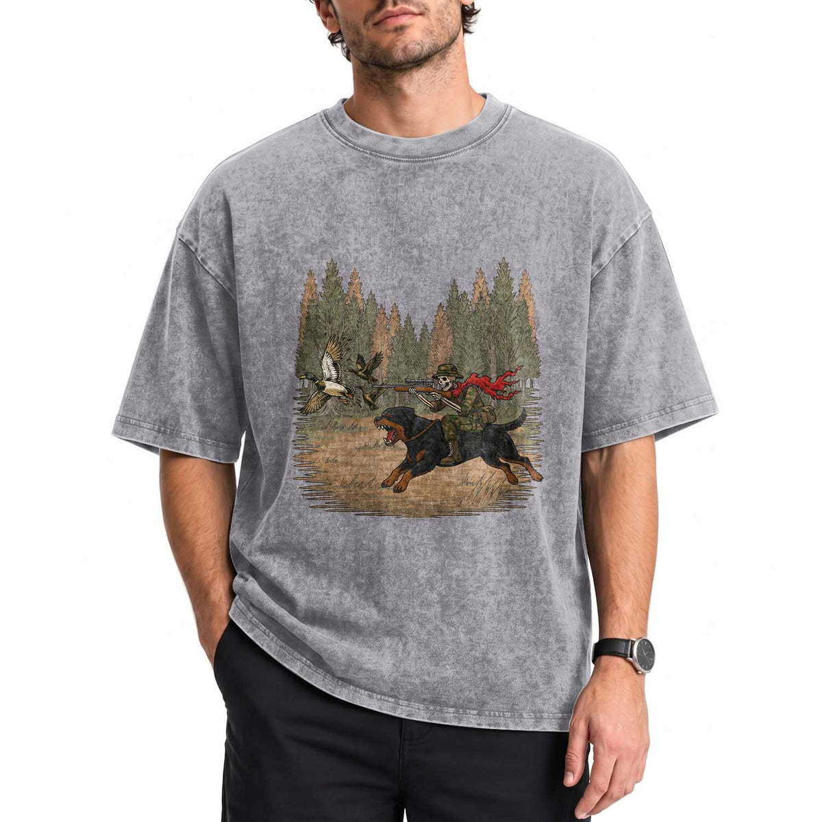 Funny Skeleton Riding Labrador Hunting Washed Cotton T-Shirt Gift For Hunter