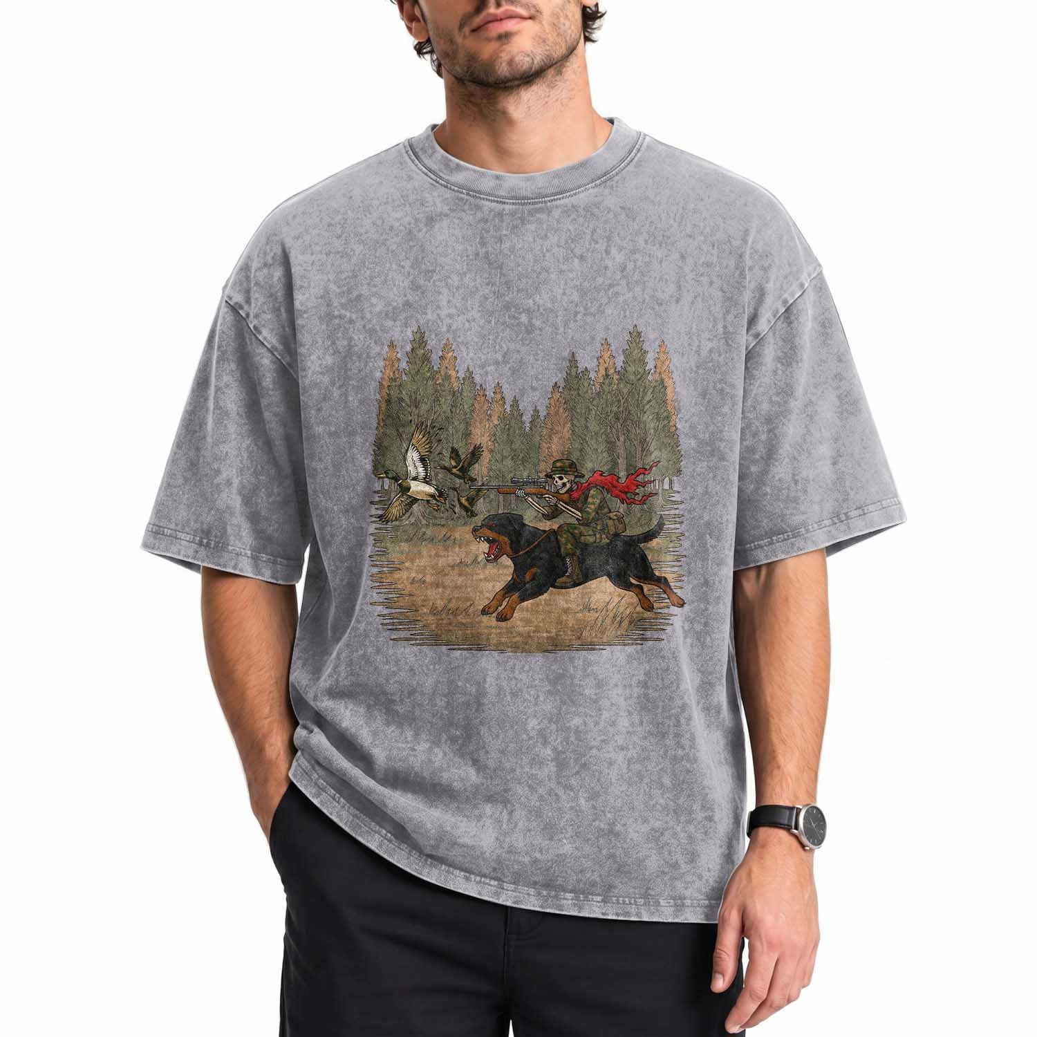 Funny Skeleton Riding Labrador Hunting Washed Cotton T-Shirt Gift For Hunter
