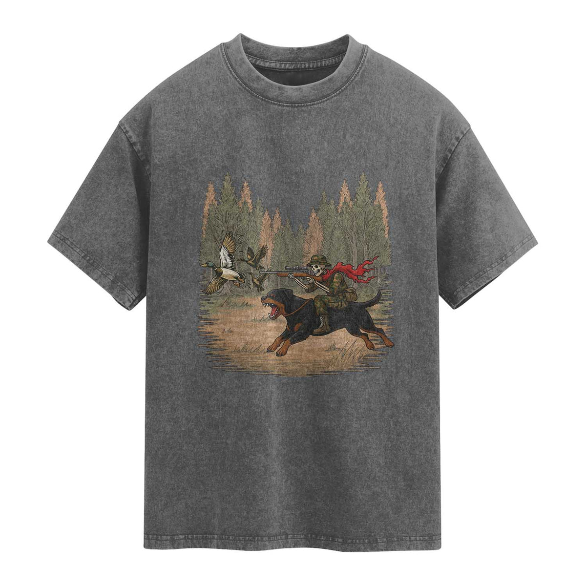 Funny Skeleton Riding Labrador Hunting Washed Cotton T-Shirt Gift For Hunter