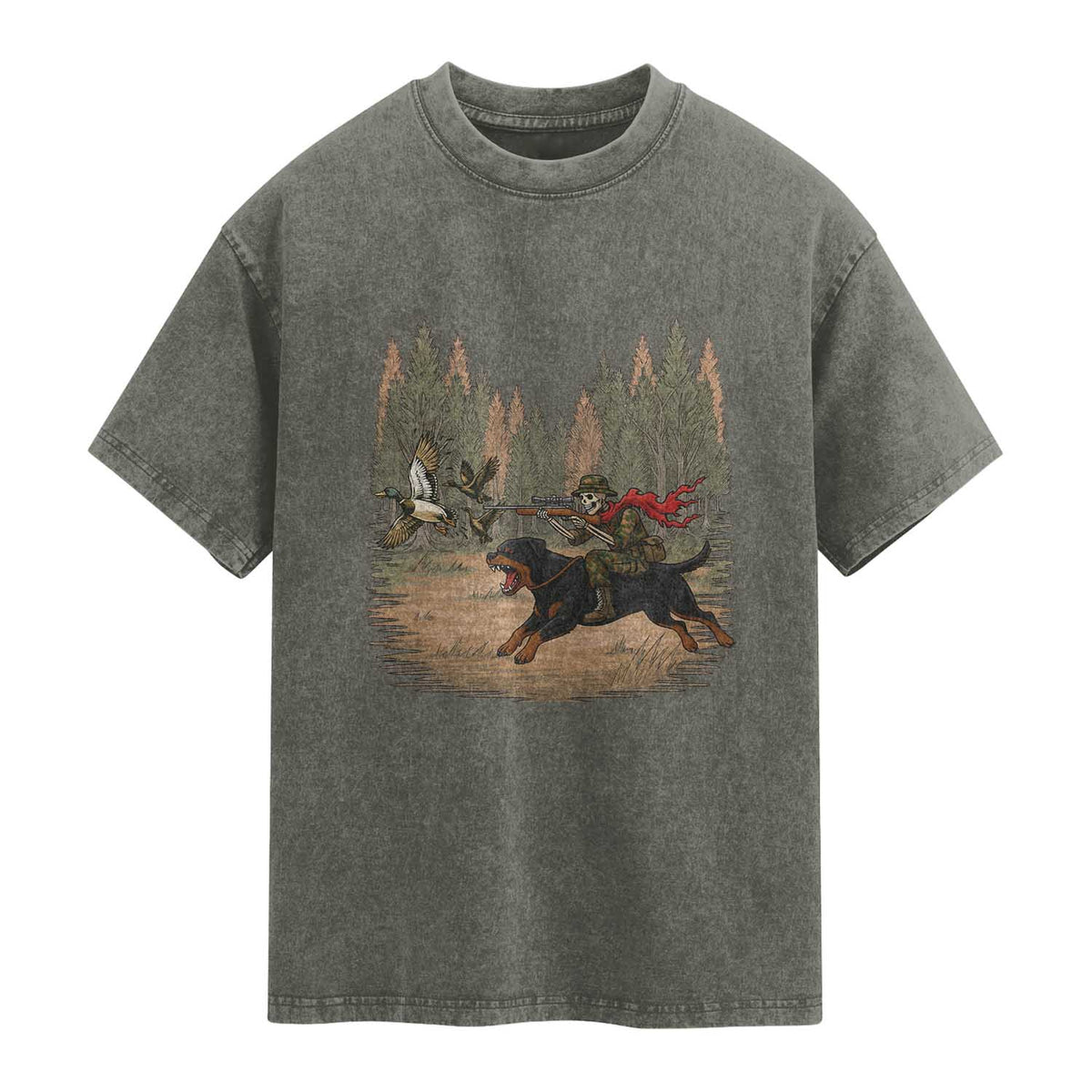 Funny Skeleton Riding Labrador Hunting Washed Cotton T-Shirt Gift For Hunter